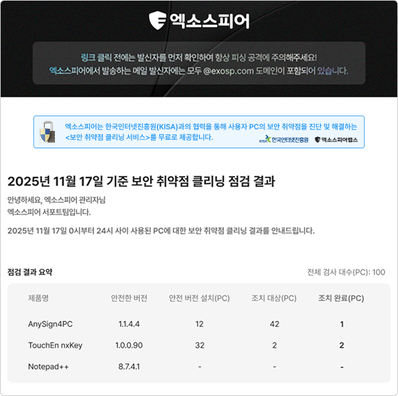 보안 취약점 클리닝 서비스 엑소스피어 이메일 리포트